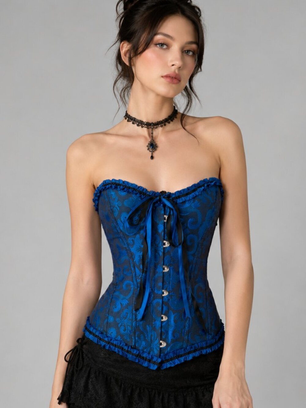 Blue Brocade Corset Bustier Top